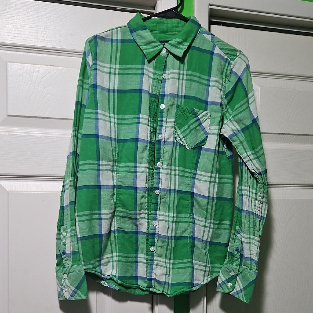 American Eagle Outfitters Bright Green Plaid Button-Down Shirt